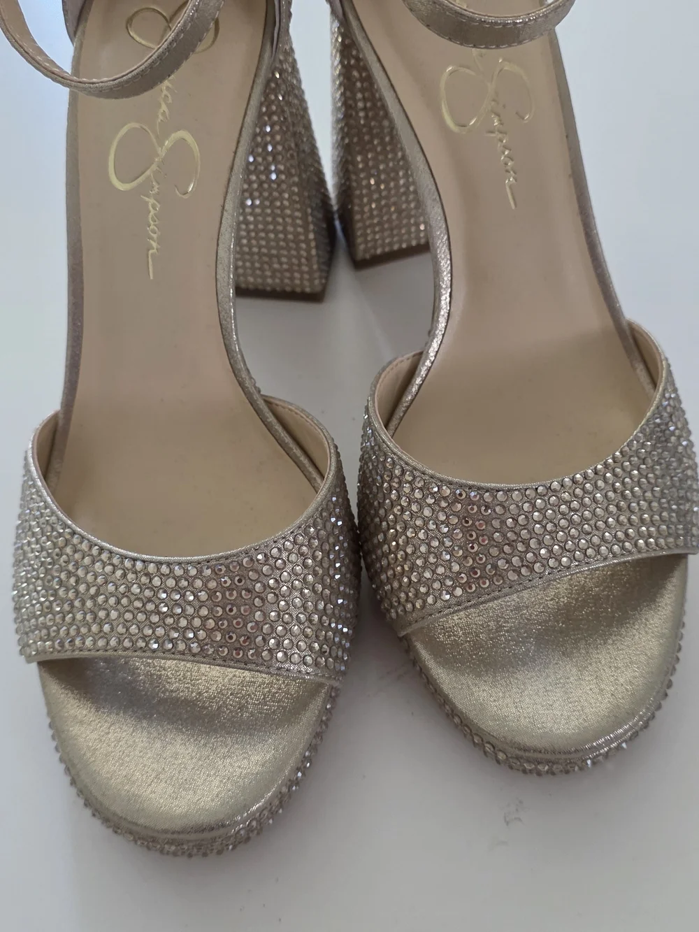 Jessica Simpson Champagne Rhinestone Block Heel Sandals